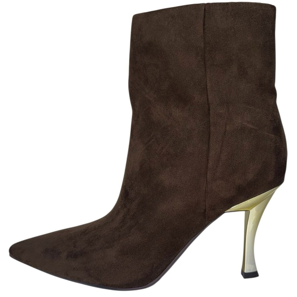 Nine West Womens Size 11 Ankle Boots Brown Suede Pointed Toe Gold Stiletto Heel